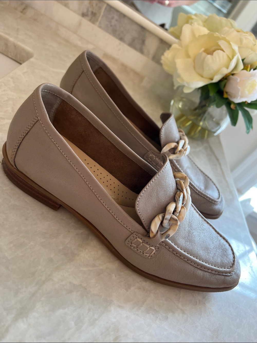 Clarks Taupe Leather Loafers with Chain Accent